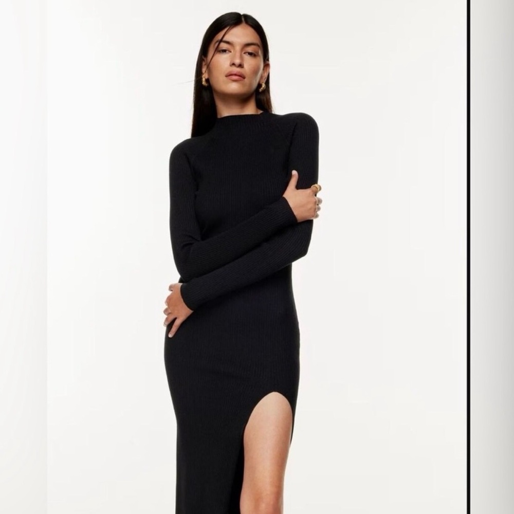 Aritzia Babaton Black Long Sleeve Dress with Side Slit and Mock Neck
